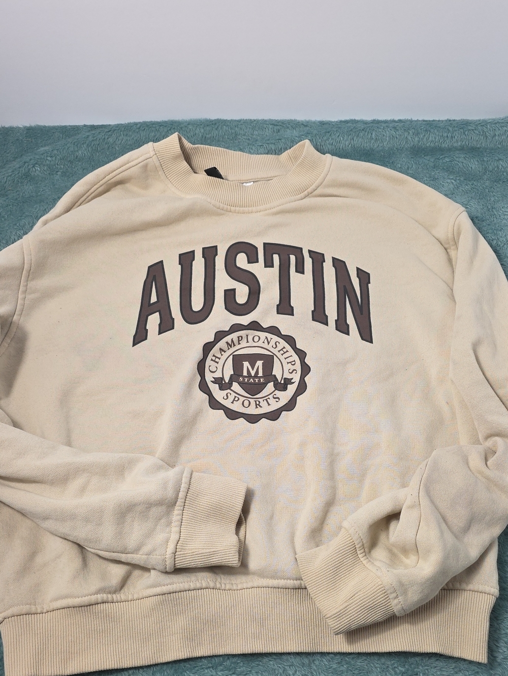 H&M Cream Crewneck Sweater with Austin Graphic